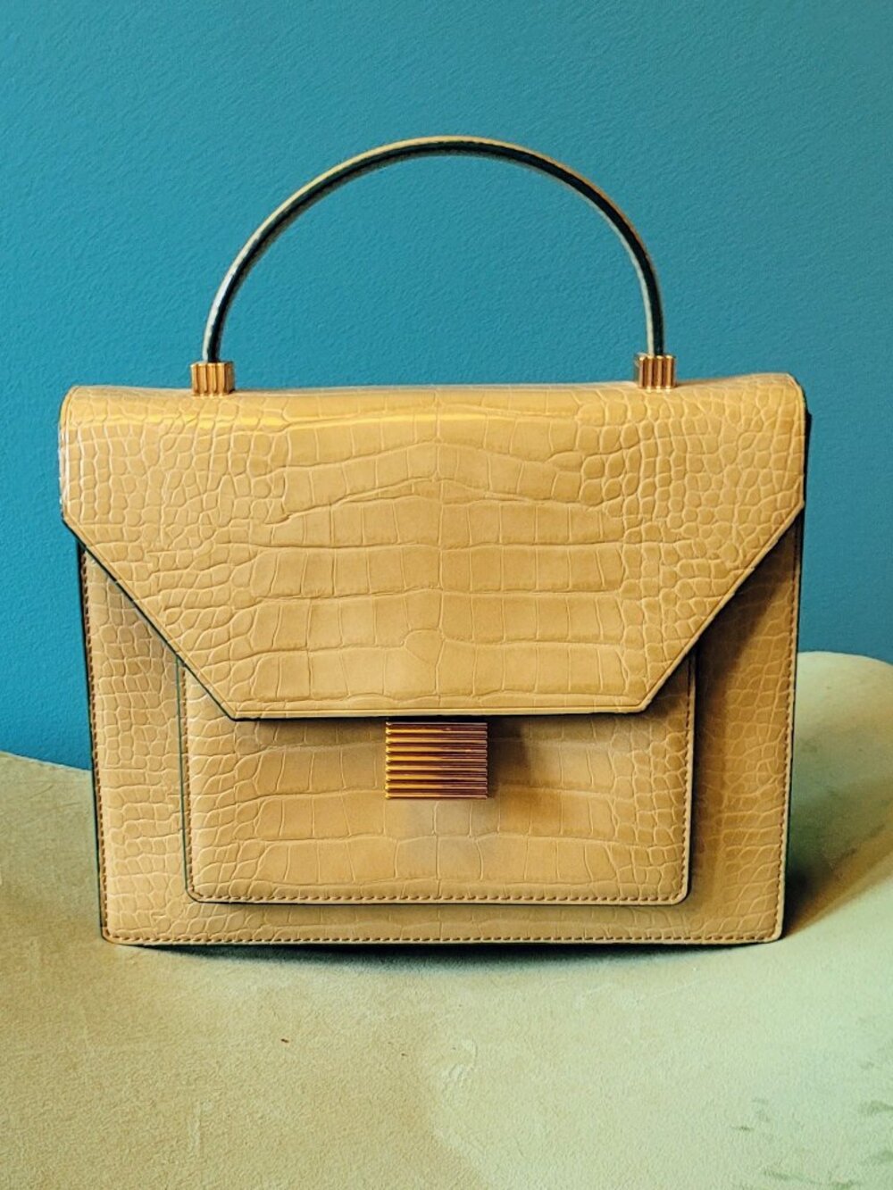 EUC! | Charles & Keith Faux Croc Top-Handle Bag | Khaki, Deep Teal | Size Sm/Med